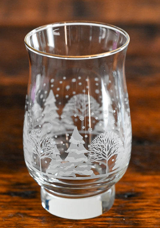 frosted pine trees and snow scene Libbey Arby's tumbler glasses