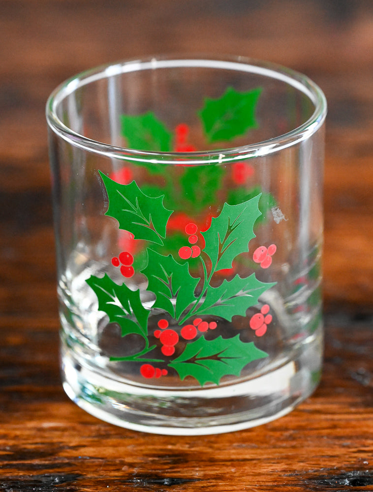 green leaves with red Holly berries Indiana Glass rocks glasses