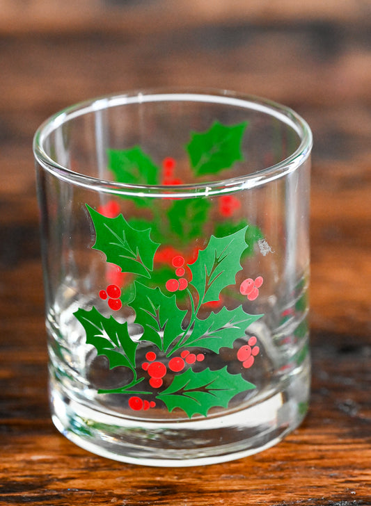 green leaves with red Holly berries Indiana Glass rocks glasses