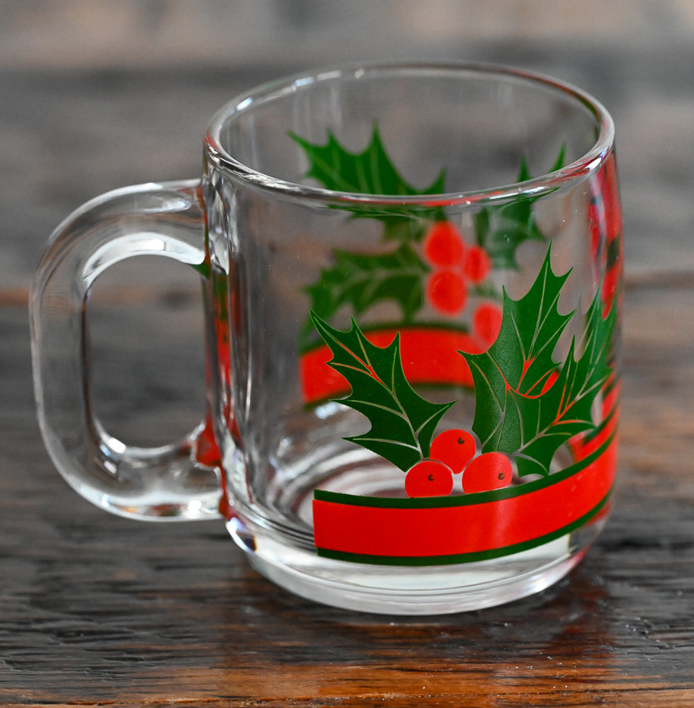 Libbey clear glass mug with red band, red holly berries and green leaves