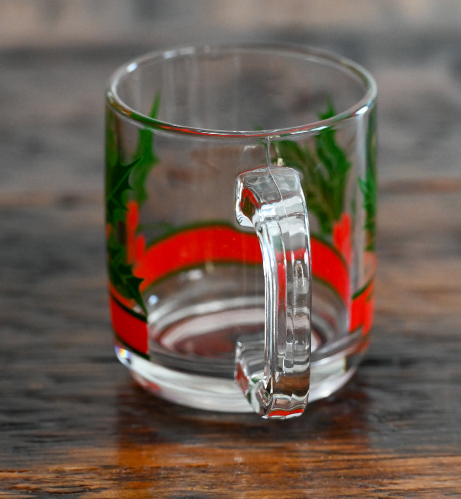 Libbey clear glass mug with red band, red holly berries and green leaves