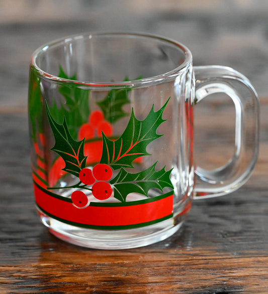 Libbey clear glass mug with red band, red holly berries and green leaves