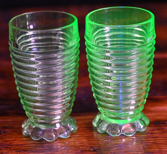 light green Uranium Anchor Hocking Manhattan footed tumblers