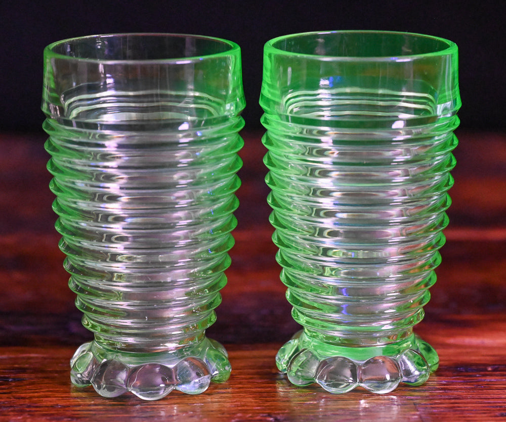 light green Uranium Anchor Hocking Manhattan footed tumblers