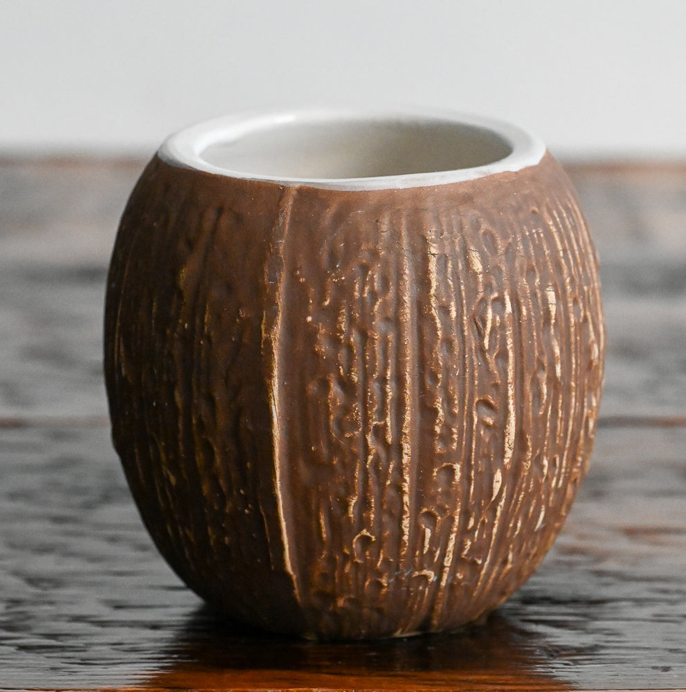 ceramic brown coconut, white inside tropical vessel