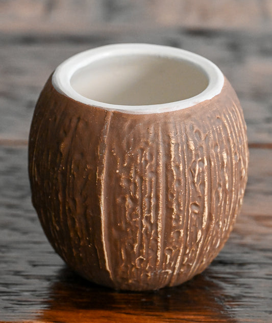 ceramic brown coconut, white inside tropical vessel