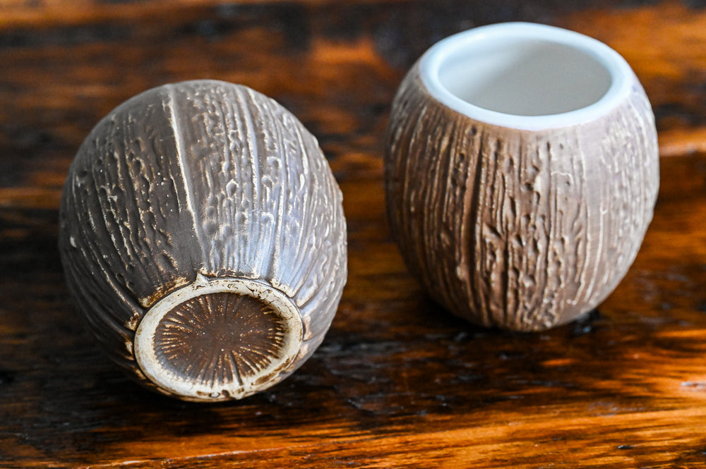 ceramic brown coconut, white inside tropical vessel