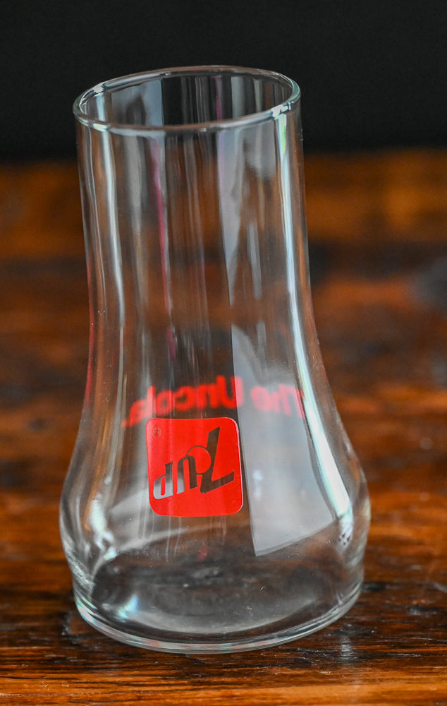 7-Up the Uncola glass, red print on upside down glass