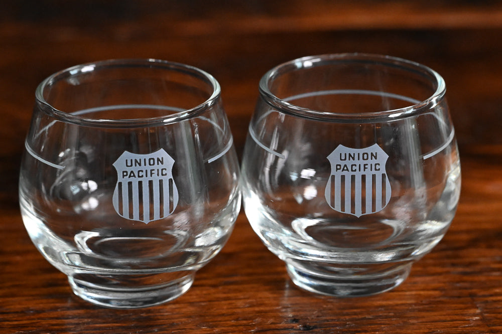 clear Union Pacific roly poly glass with frosted logo