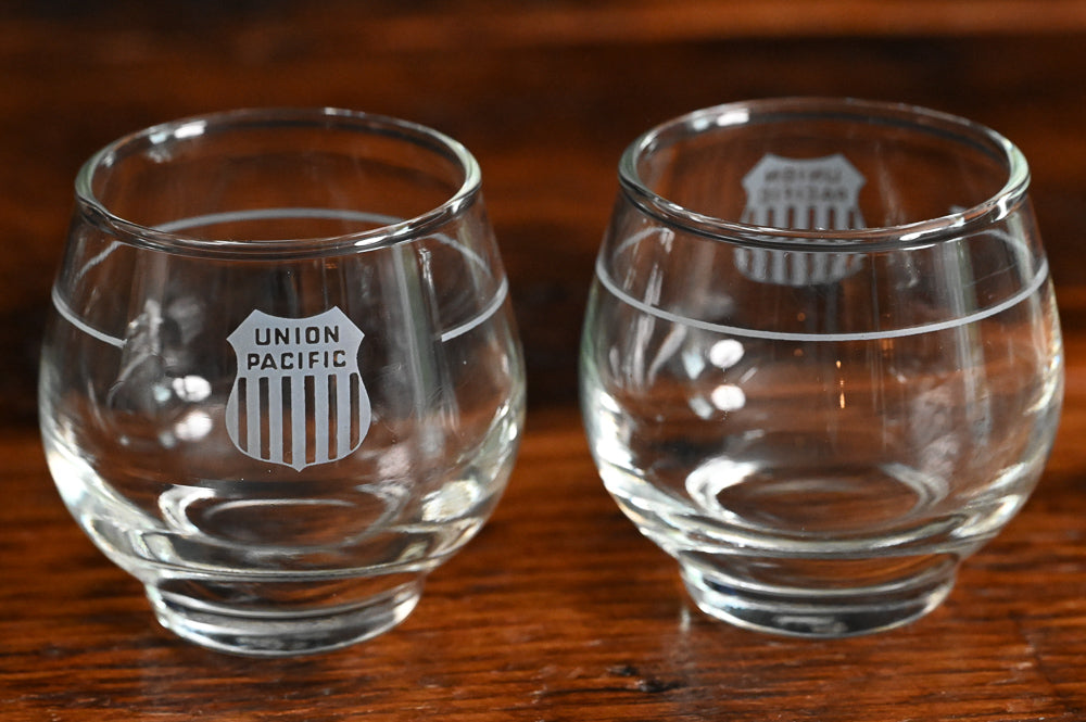clear Union Pacific roly poly glass with frosted logo