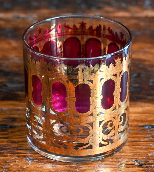Culver Pisa Azure Scroll Cranberry rocks glasses