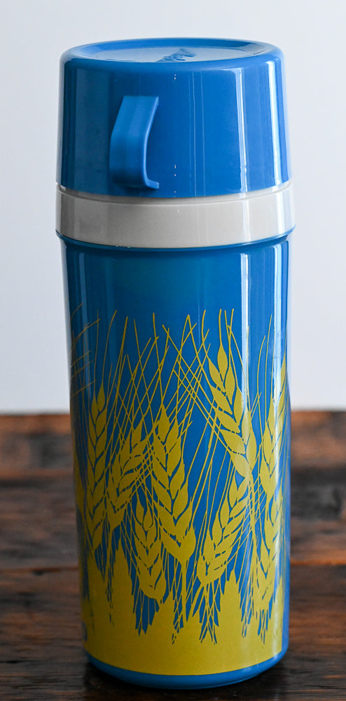 blue and yellow wheat print Agripro Aladdin thermos