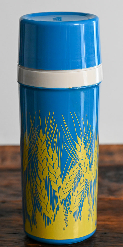 blue and yellow wheat print Agripro Aladdin thermos