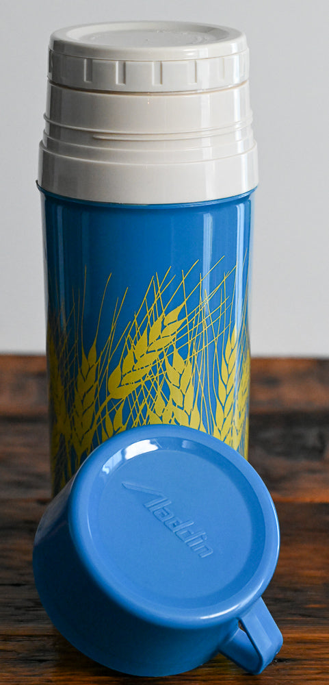 blue and yellow wheat print Agripro Aladdin thermos