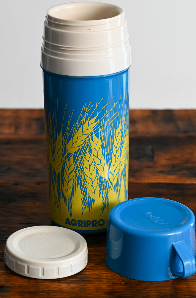 blue and yellow wheat print Agripro Aladdin thermos