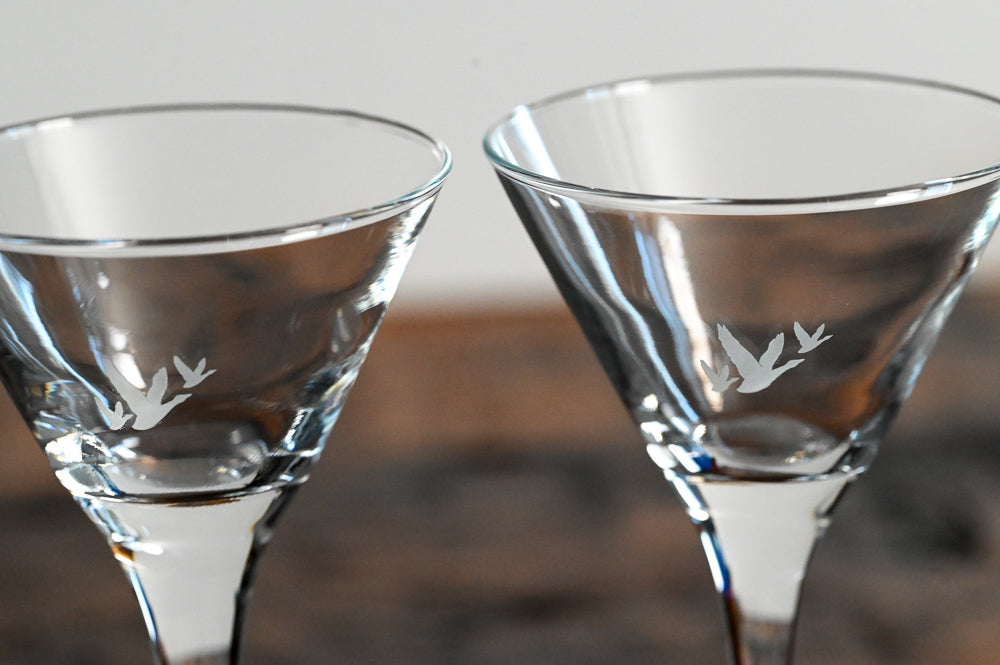 grey goose martini glasses with white geese print