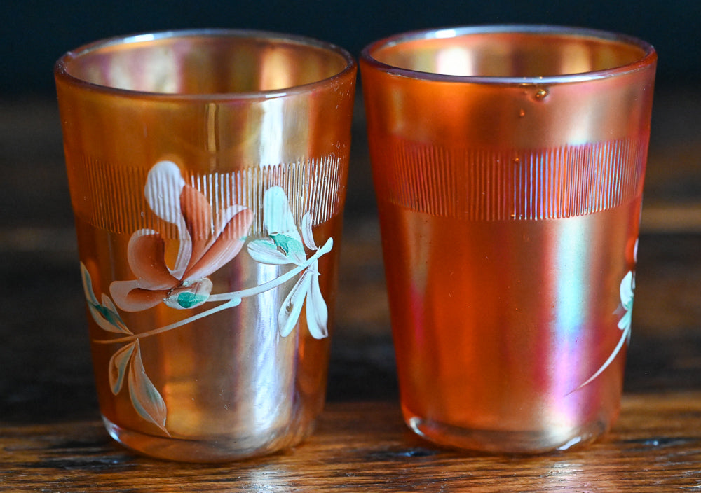 marigold carnival glass tumblers, hand painted flowers