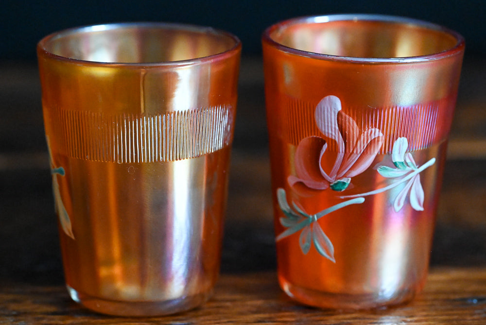 marigold carnival glass tumblers, hand painted flowers