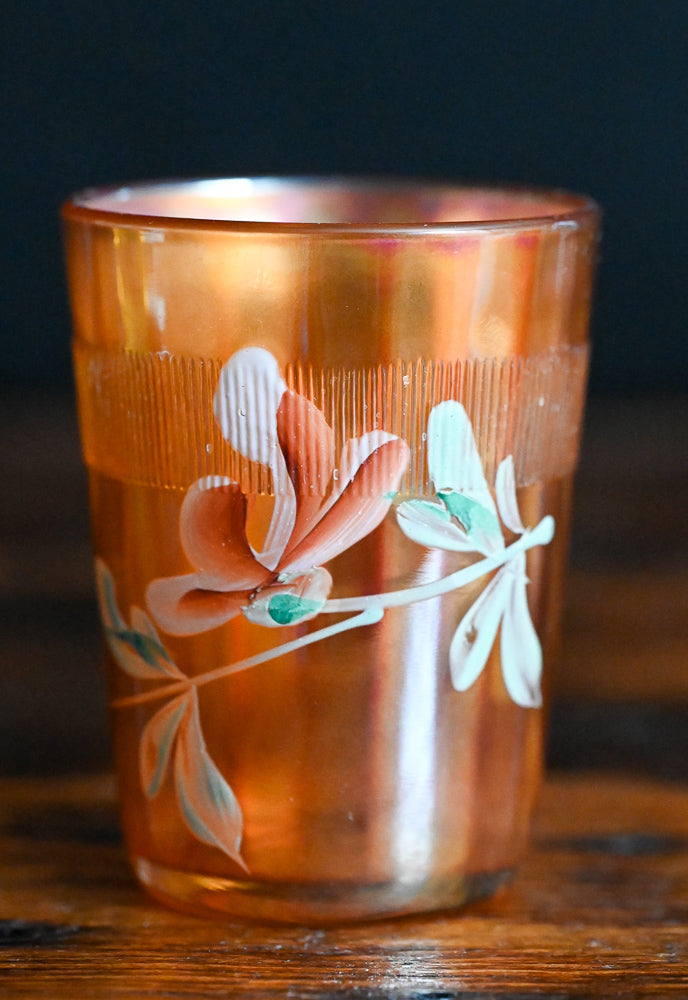 marigold carnival glass tumblers, hand painted flowers