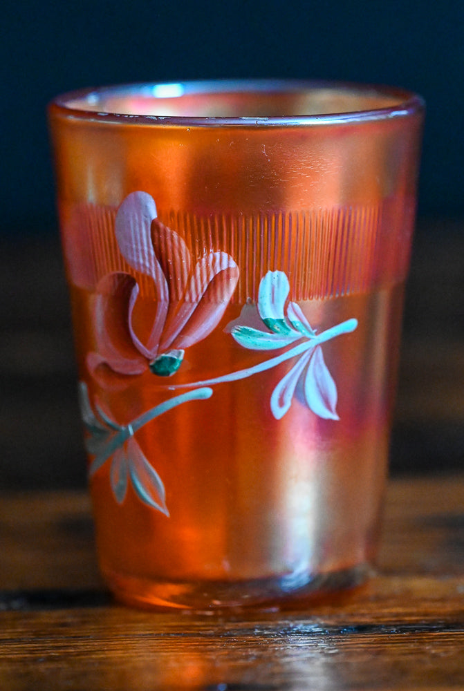 marigold carnival glass tumblers, hand painted flowers