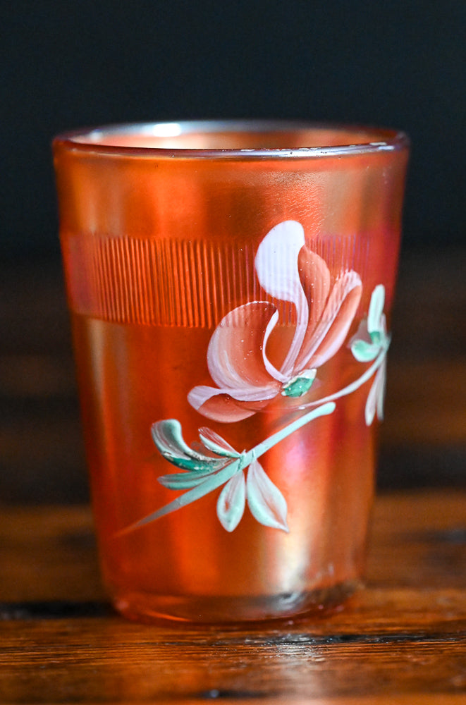 marigold carnival glass tumblers, hand painted flowers