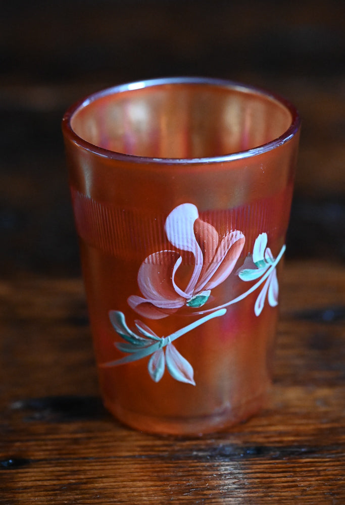 marigold carnival glass tumblers, hand painted flowers