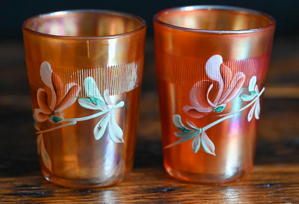 marigold carnival glass tumblers, hand painted flowers