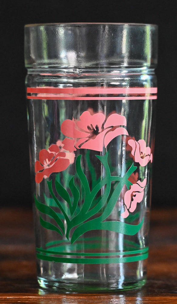 Anchor Hocking Peanut Butter Style Jar Glasses with pink flowers