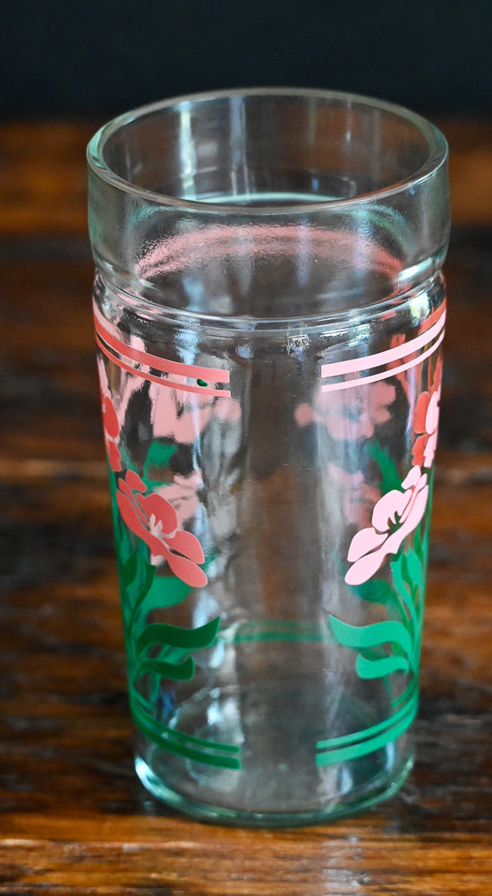 Anchor Hocking Peanut Butter Style Jar Glasses with pink flowers