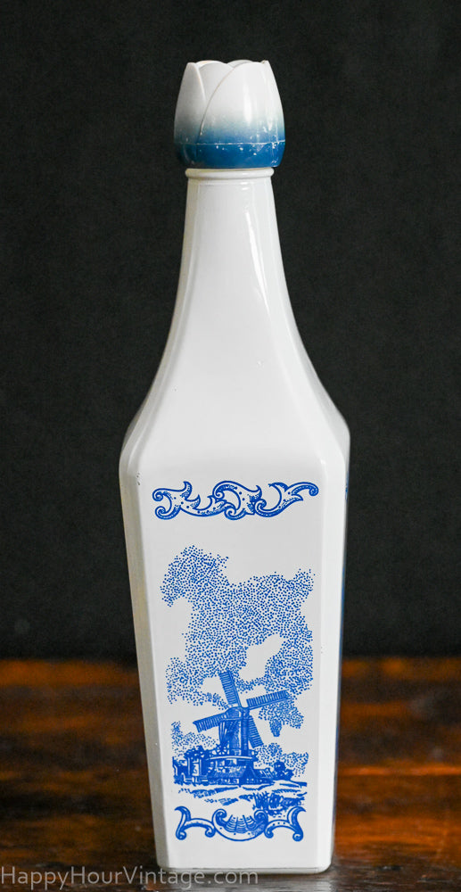 blue and white milk glass liqueur bottle