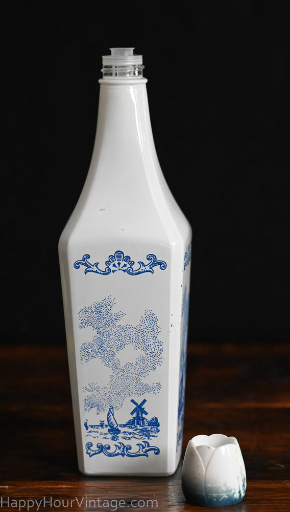 blue and white milk glass liqueur bottle