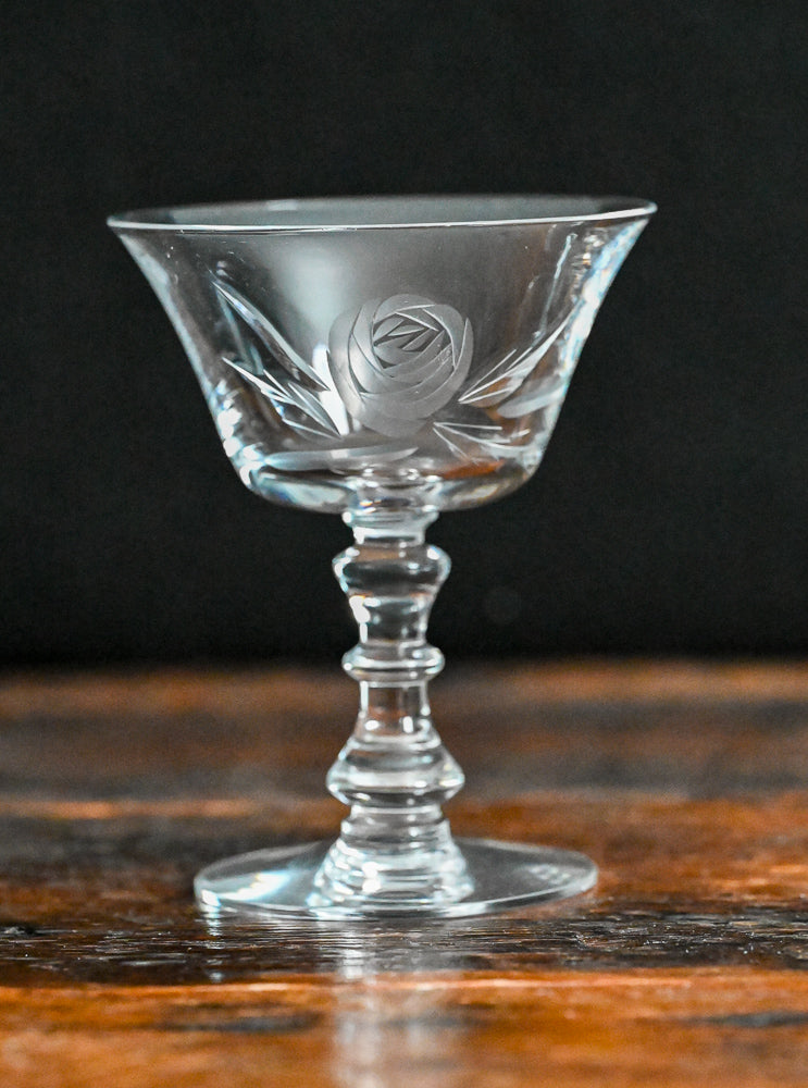 clear Nancy Prentiss Tiffin rose etched cocktail coupes