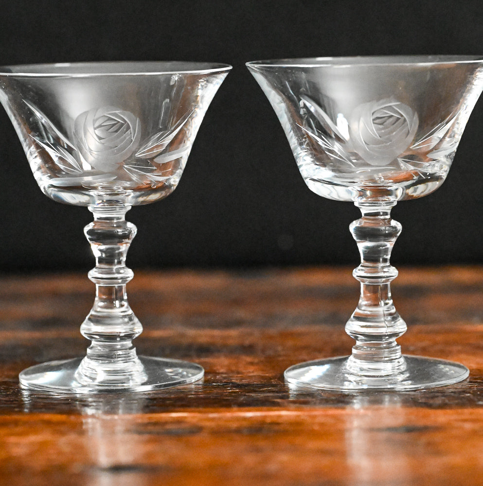 clear Nancy Prentiss Tiffin rose etched cocktail coupes