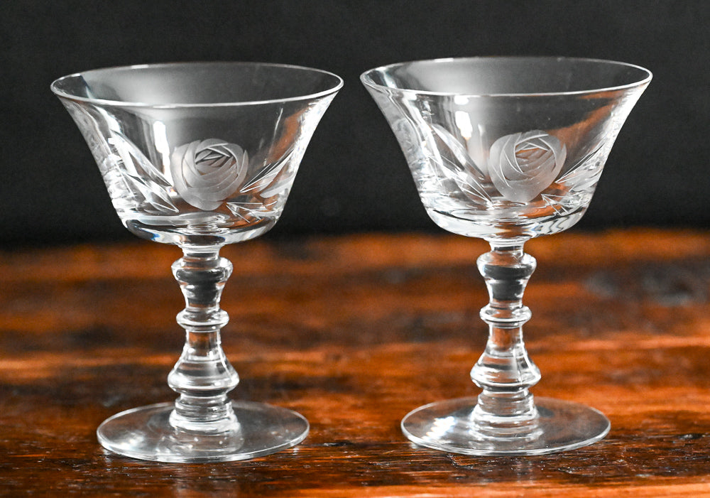 clear Nancy Prentiss Tiffin rose etched cocktail coupes