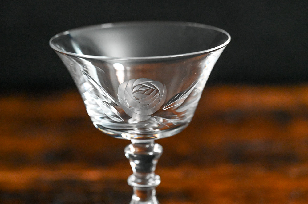 clear Nancy Prentiss Tiffin rose etched cocktail coupes