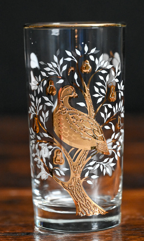 golden partridge in a pear tree Libbey tumblers with white and gold flowers, gold bird and tree