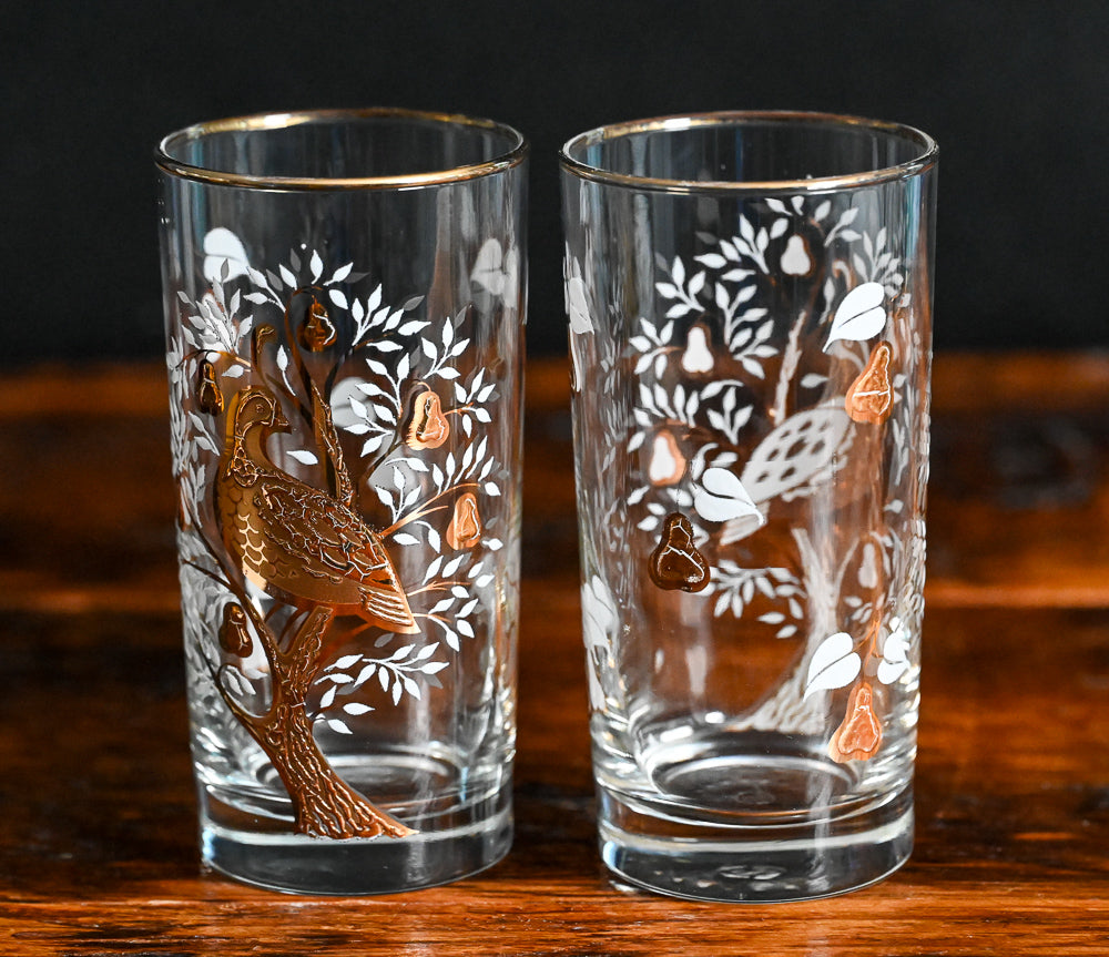 golden partridge in a pear tree Libbey tumblers with white and gold flowers, gold bird and tree