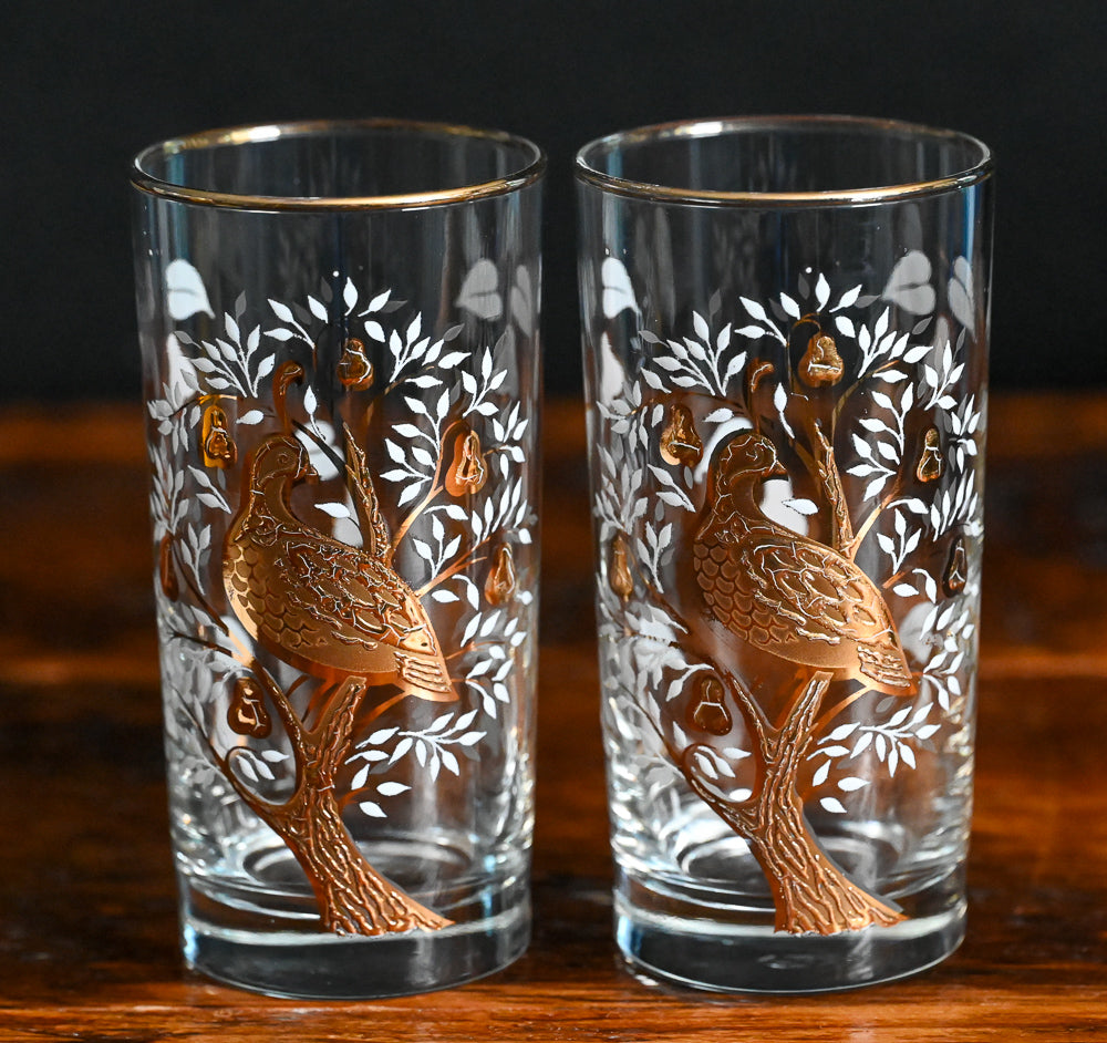 golden partridge in a pear tree Libbey tumblers with white and gold flowers, gold bird and tree