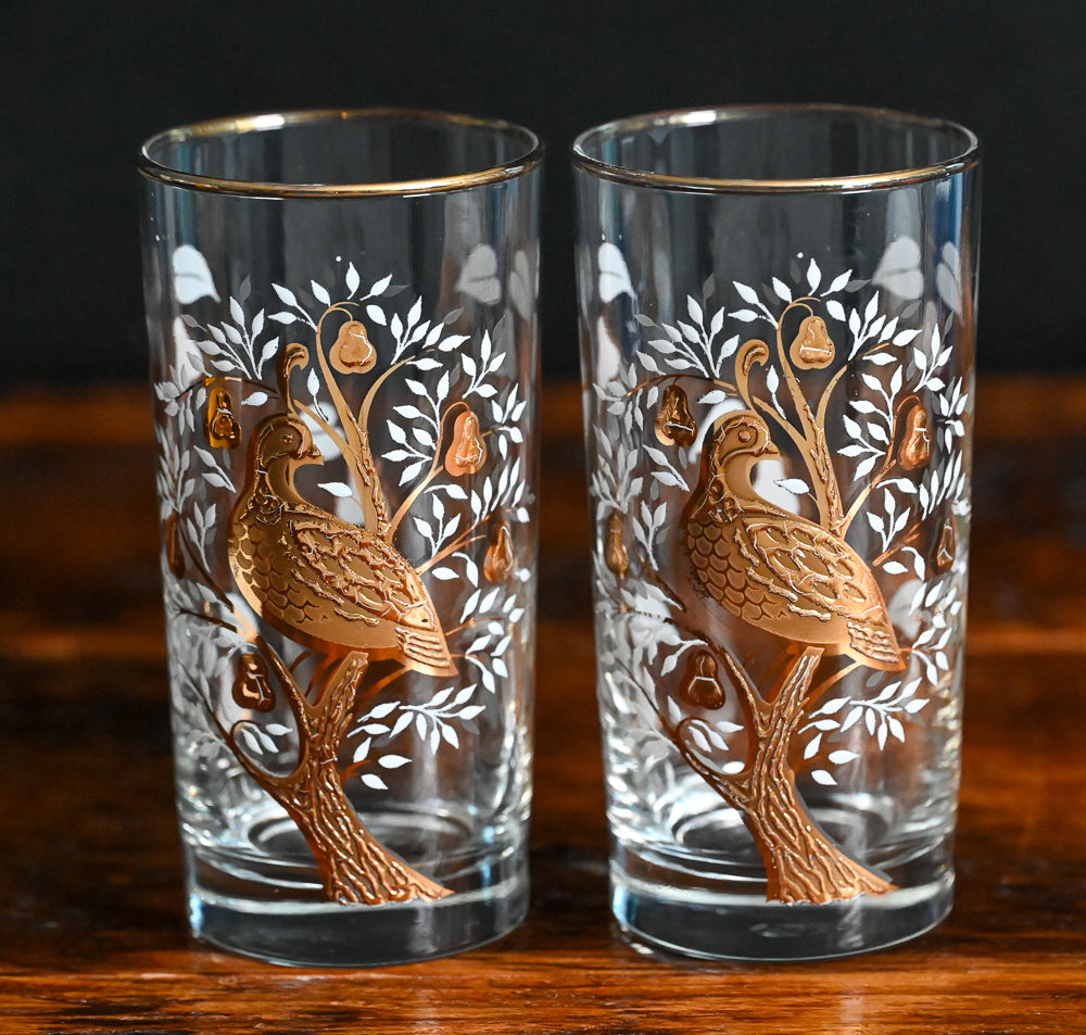 golden partridge in a pear tree Libbey tumblers with white and gold flowers, gold bird and tree