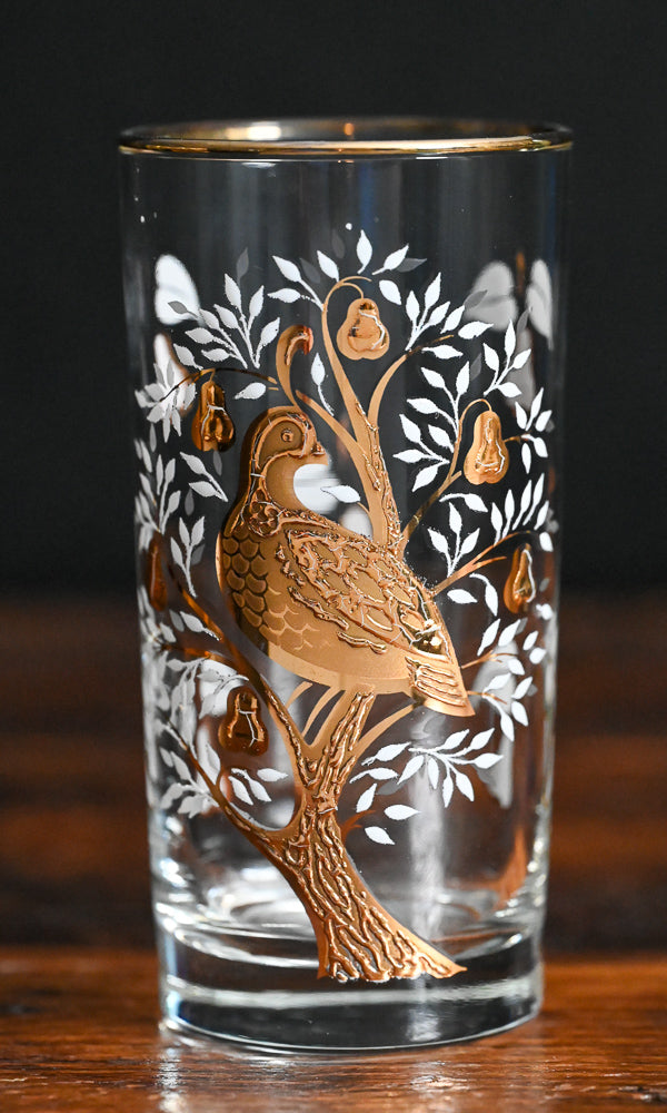 golden partridge in a pear tree Libbey tumblers with white and gold flowers, gold bird and tree