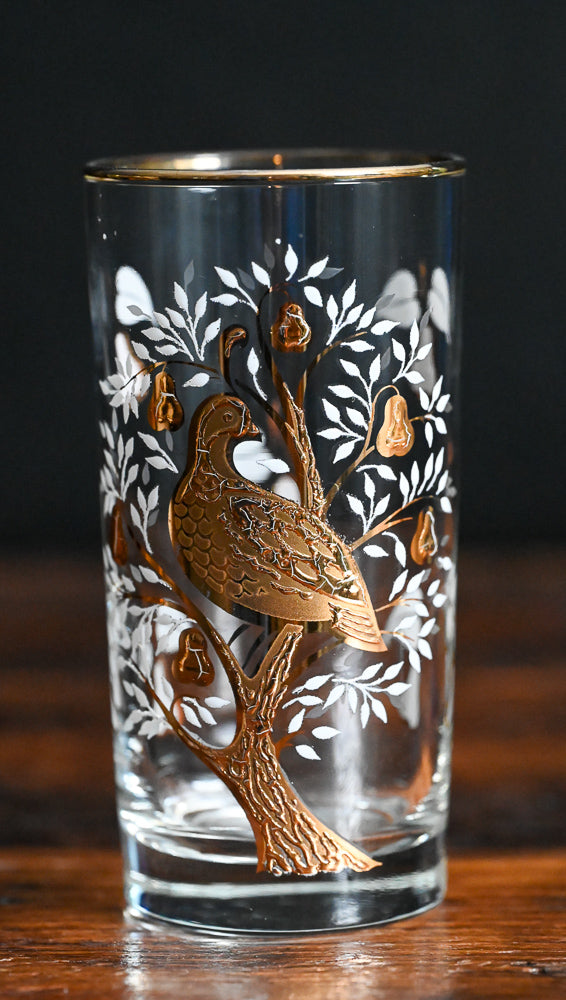 golden partridge in a pear tree Libbey tumblers with white and gold flowers, gold bird and tree