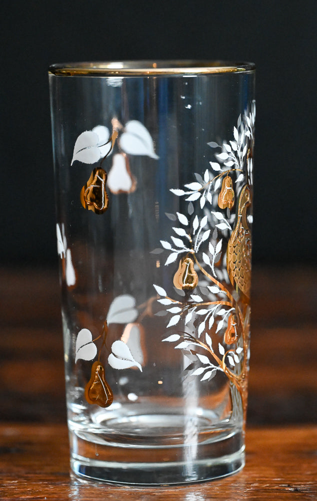 golden partridge in a pear tree Libbey tumblers with white and gold flowers, gold bird and tree