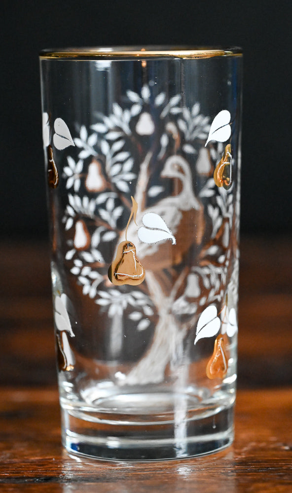 golden partridge in a pear tree Libbey tumblers with white and gold flowers, gold bird and tree