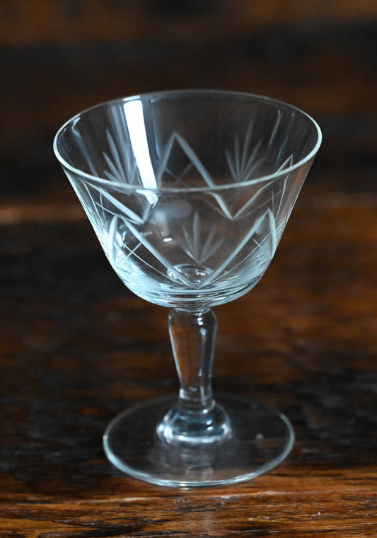 floral and spike etched clear cocktail coupe