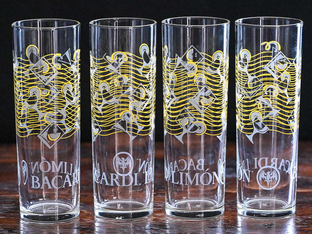 grey and yellow pattern Bacardi Limon highball glasses