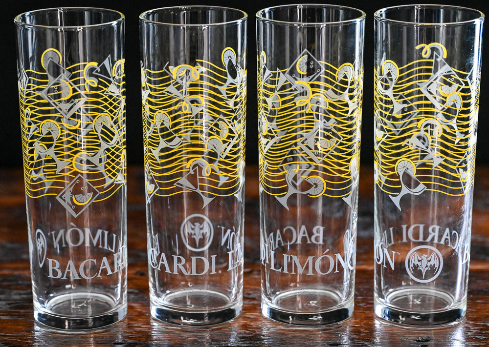 grey and yellow pattern Bacardi Limon highball glasses