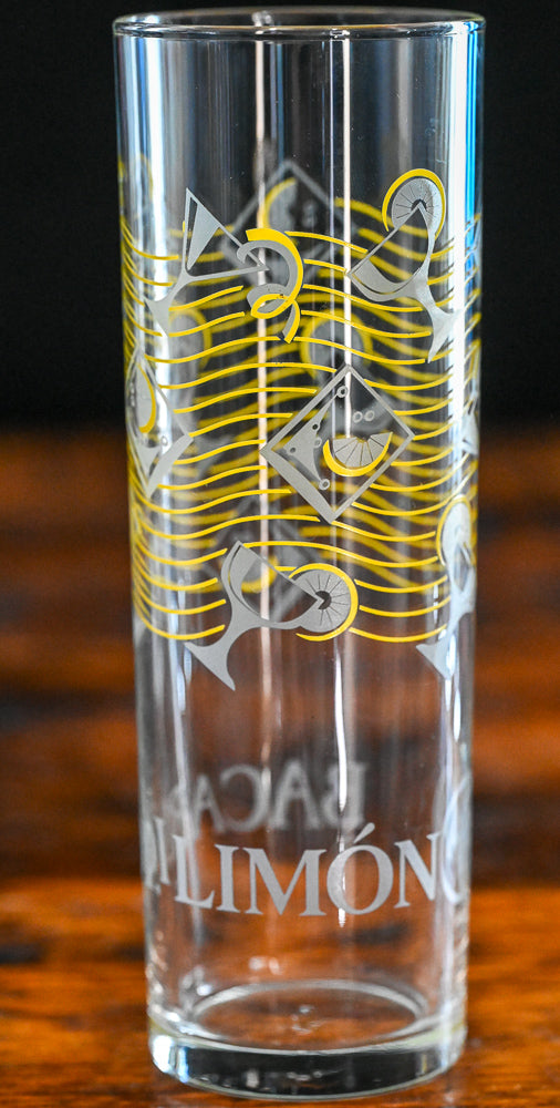 grey and yellow pattern Bacardi Limon highball glasses