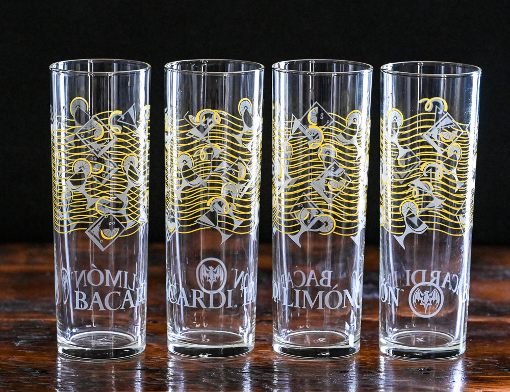 grey and yellow pattern Bacardi Limon highball glasses