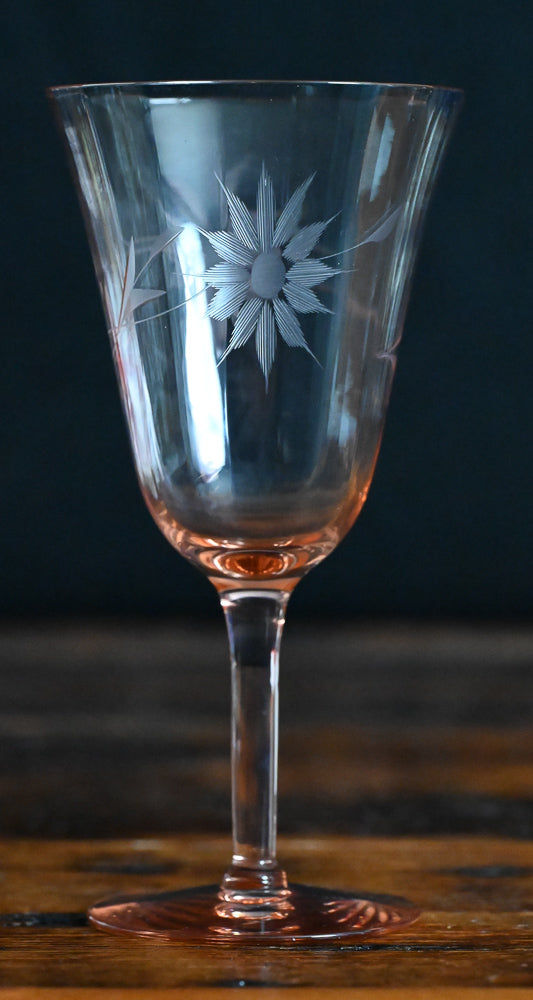 pink depression floral etched wine glasses