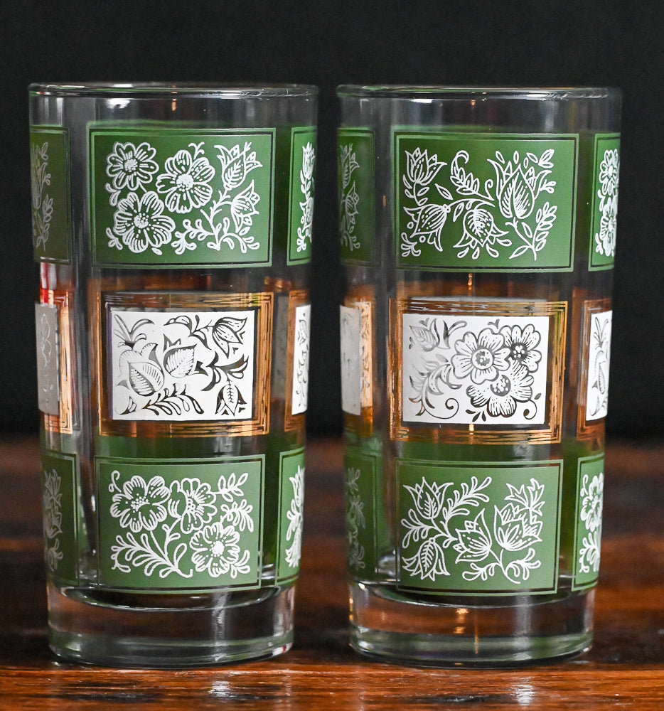 green and white floral highball glasses with gold trim